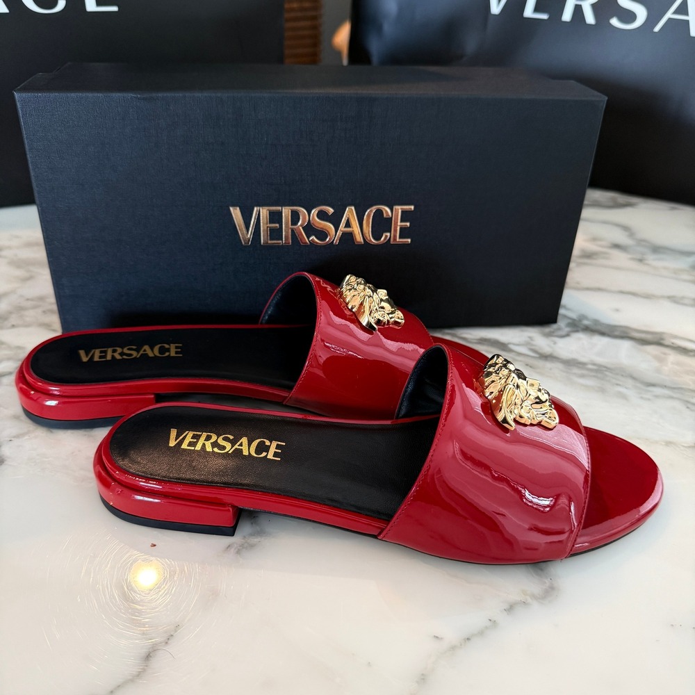 Versace Medusa Biggie Red Patent Leather Flat Slides Sandals Gold Hardware 37 - Picture 9 of 14